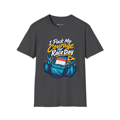 Graphic fitness T-shirt featuring the "I Pack My Courage for Race Day" design.
