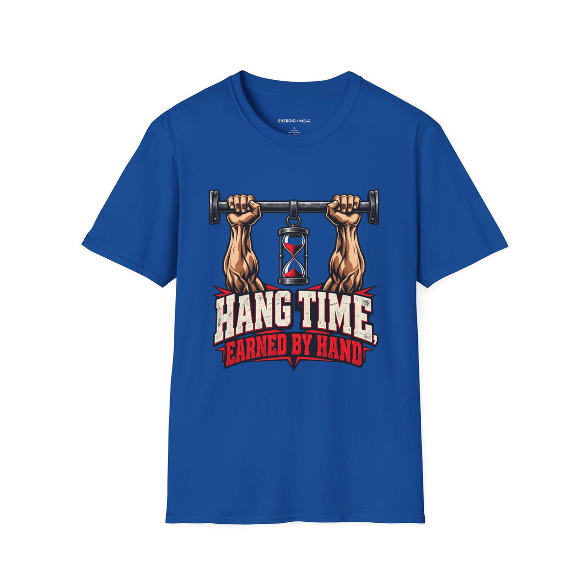 Graphic fitness T-shirt featuring the "Hang Time Earned by Hand" design.