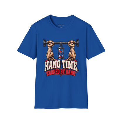 Graphic fitness T-shirt featuring the "Hang Time Earned by Hand" design.