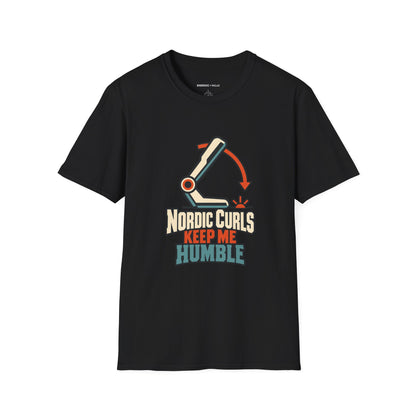 Graphic fitness T-shirt featuring the "Nordic Curls Keep Me Humble" design.