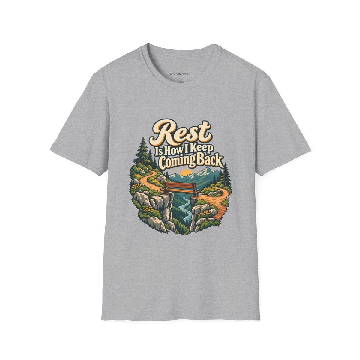 Graphic fitness T-shirt featuring the "Rest Is How I Keep Coming Back" design.