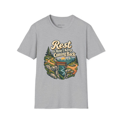 Graphic fitness T-shirt featuring the "Rest Is How I Keep Coming Back" design.
