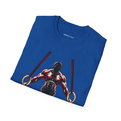 Graphic fitness T-shirt featuring the "Rings Ask Every Muscle to Listen" design.