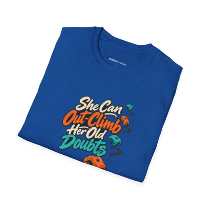 Graphic fitness T-shirt featuring the "She Can Out-Climb Her Old Doubts" design.