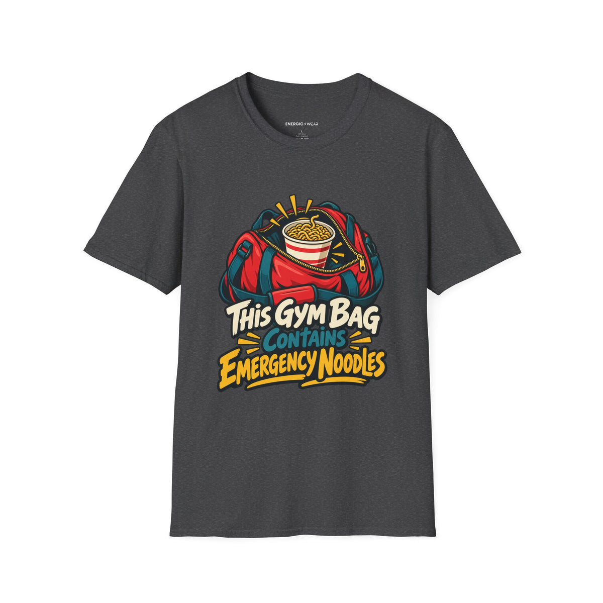 Graphic fitness T-shirt featuring the "This Gym Bag Contains Emergency Noodles" design.