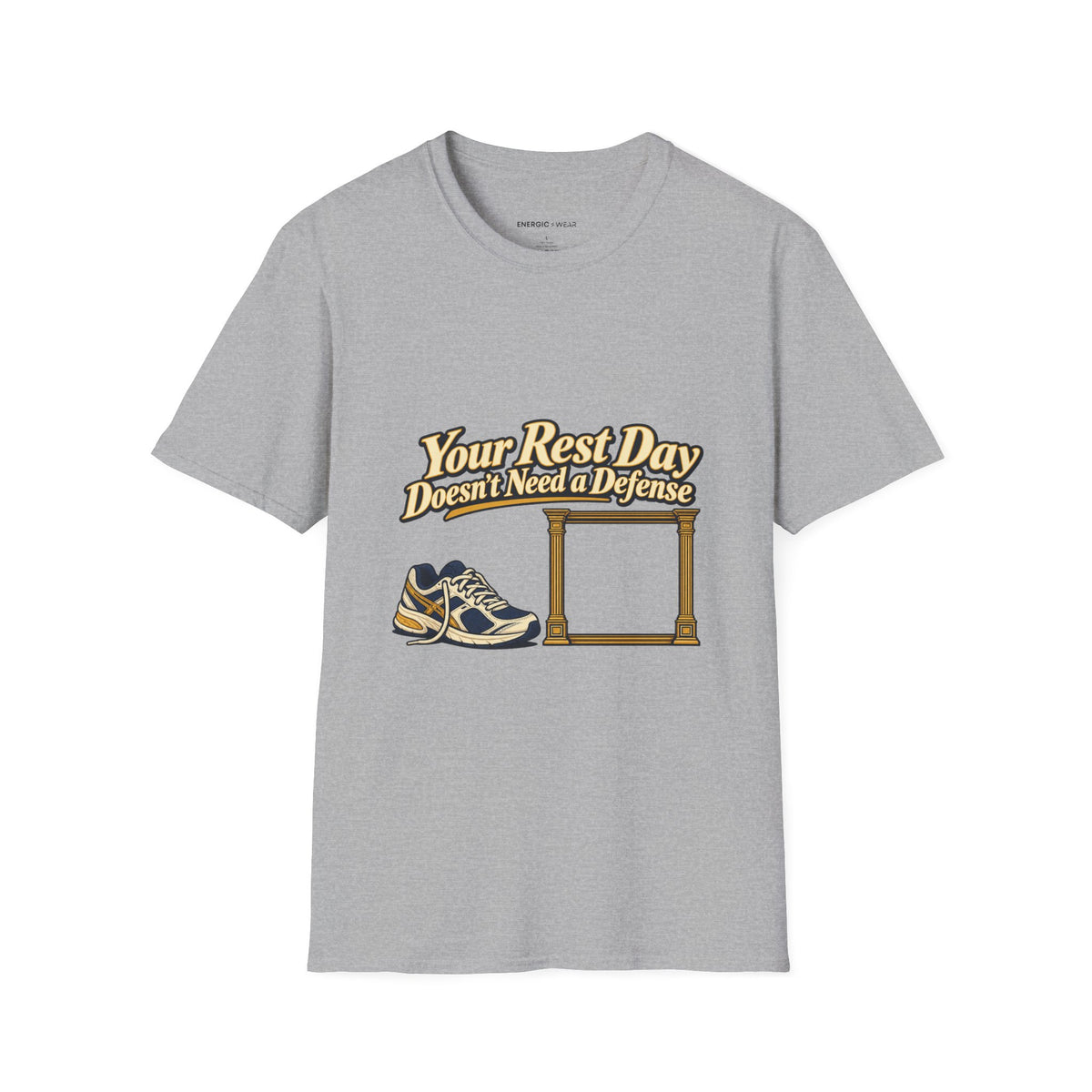 Graphic fitness T-shirt featuring the "Your Rest Day Doesn't Need a Defense" design.