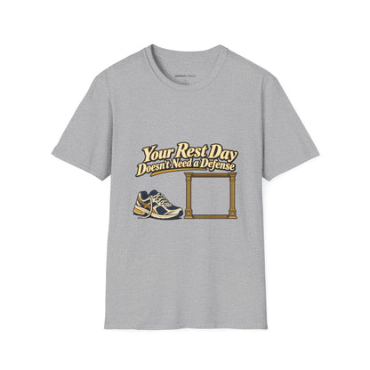 Graphic fitness T-shirt featuring the "Your Rest Day Doesn't Need a Defense" design.