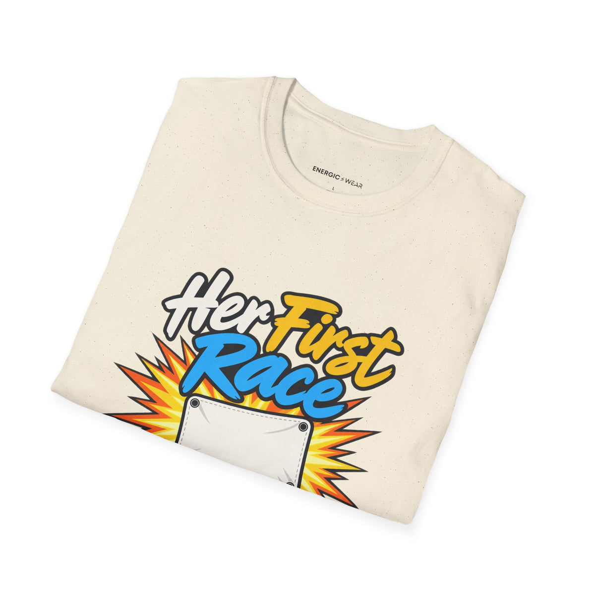 Graphic fitness T-shirt featuring the "Her First Race Deserves Full Volume" design.