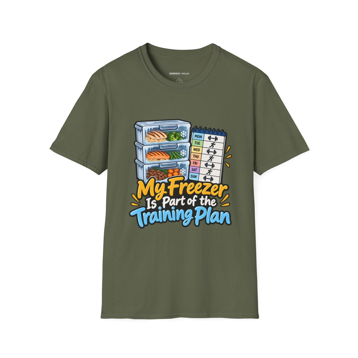 Graphic fitness T-shirt featuring the "My Freezer Is Part of the Training Plan" design.