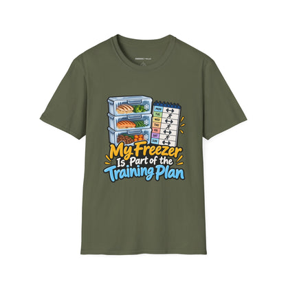 Graphic fitness T-shirt featuring the "My Freezer Is Part of the Training Plan" design.