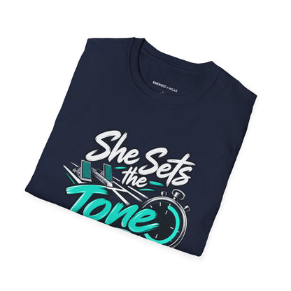 Graphic fitness T-shirt featuring the "She Sets the Tone Before the Timer" design.