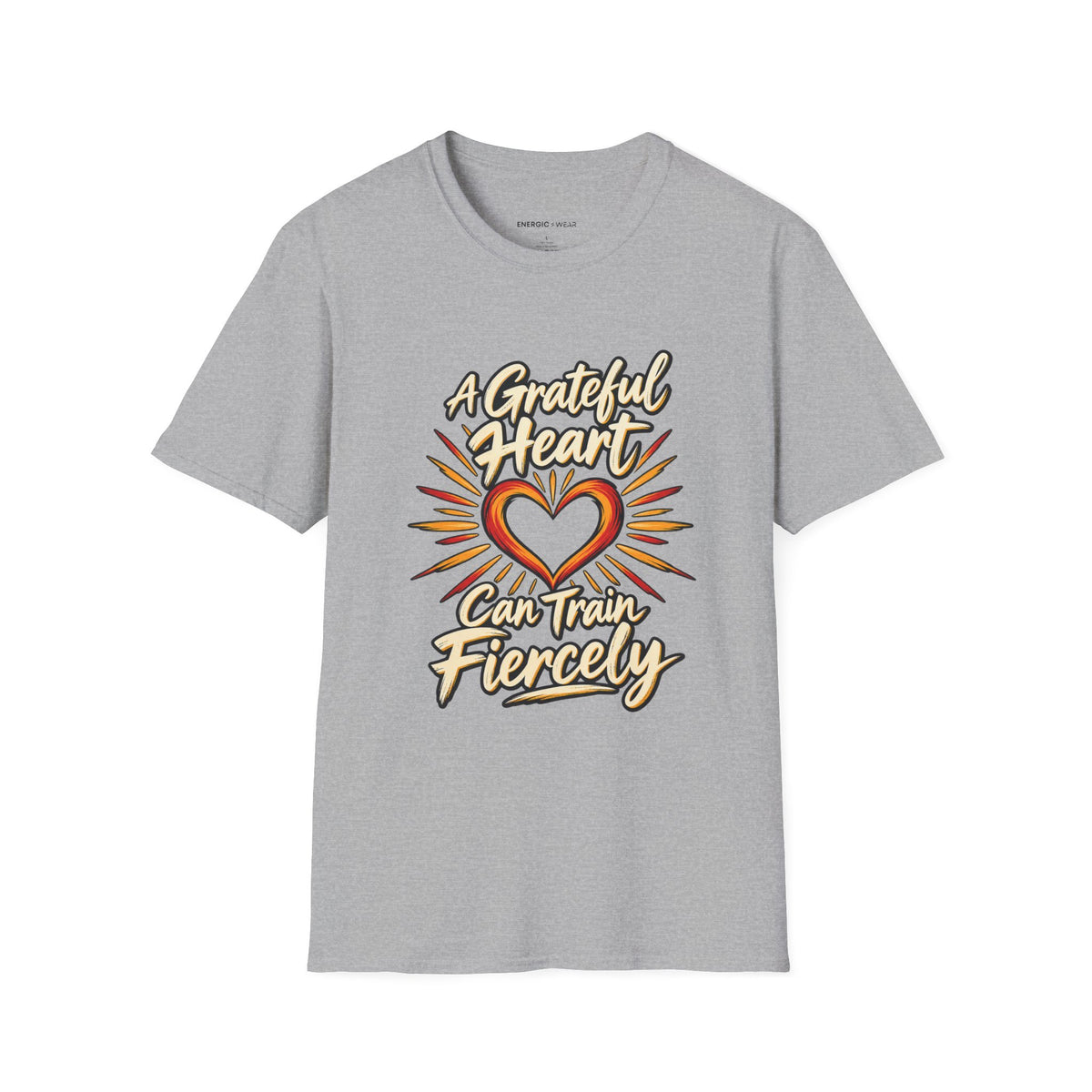 Graphic fitness T-shirt featuring the "A Grateful Heart Can Train Fiercely" design.