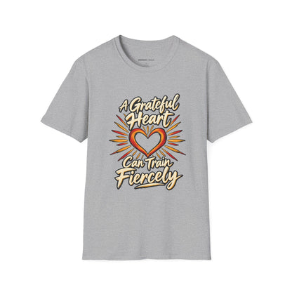 Graphic fitness T-shirt featuring the "A Grateful Heart Can Train Fiercely" design.