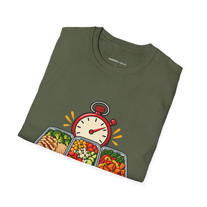 Graphic fitness T-shirt featuring the "I Batch-Cook with a Stopwatch" design.