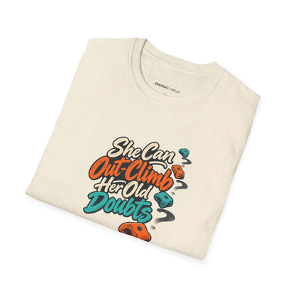 Graphic fitness T-shirt featuring the "She Can Out-Climb Her Old Doubts" design.