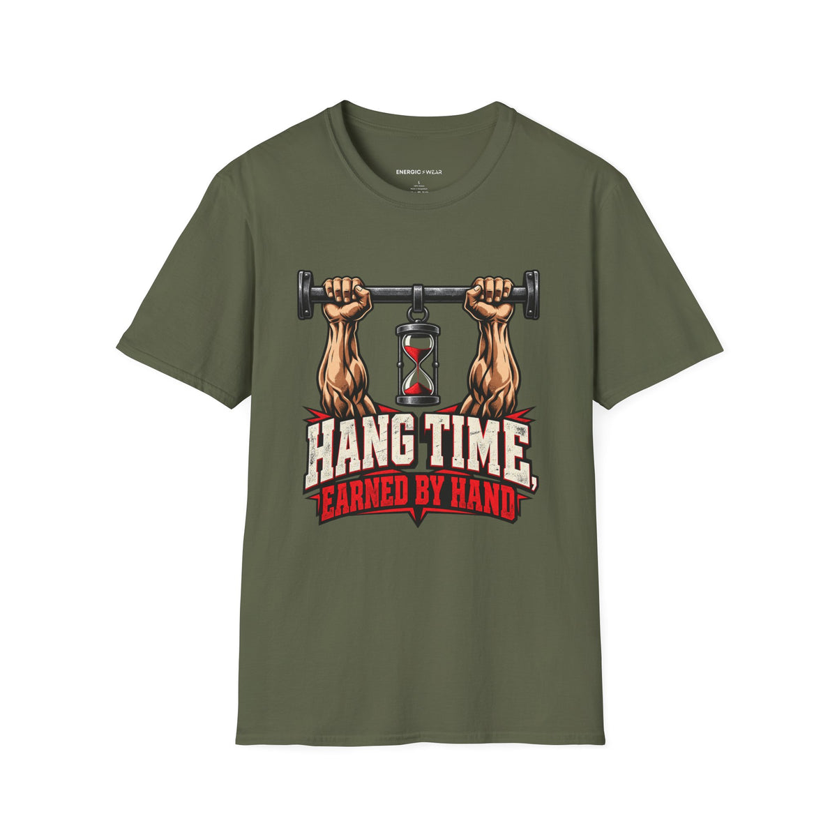 Graphic fitness T-shirt featuring the "Hang Time Earned by Hand" design.