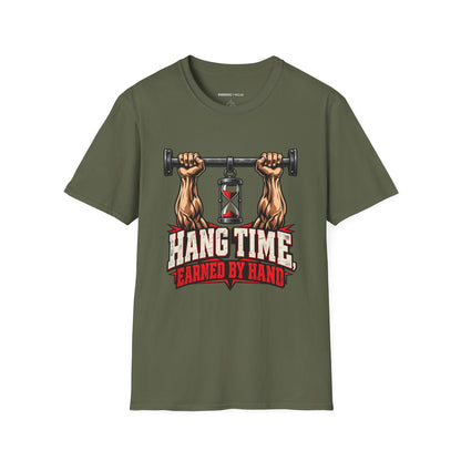 Graphic fitness T-shirt featuring the "Hang Time Earned by Hand" design.