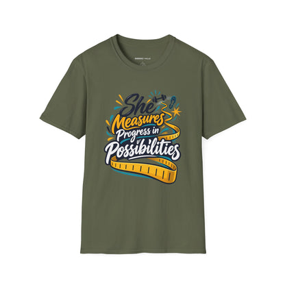 Graphic fitness T-shirt featuring the "She Measures Progress in Possibilities" design.