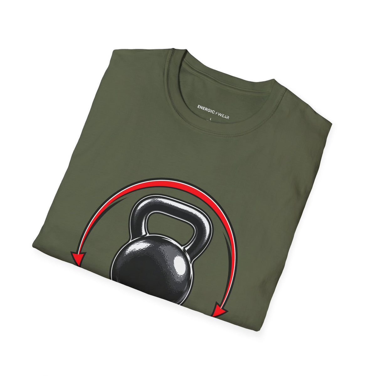 Graphic fitness T-shirt featuring the "Control the Swing Own the Bell" design.
