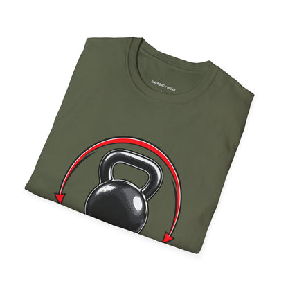 Graphic fitness T-shirt featuring the "Control the Swing Own the Bell" design.
