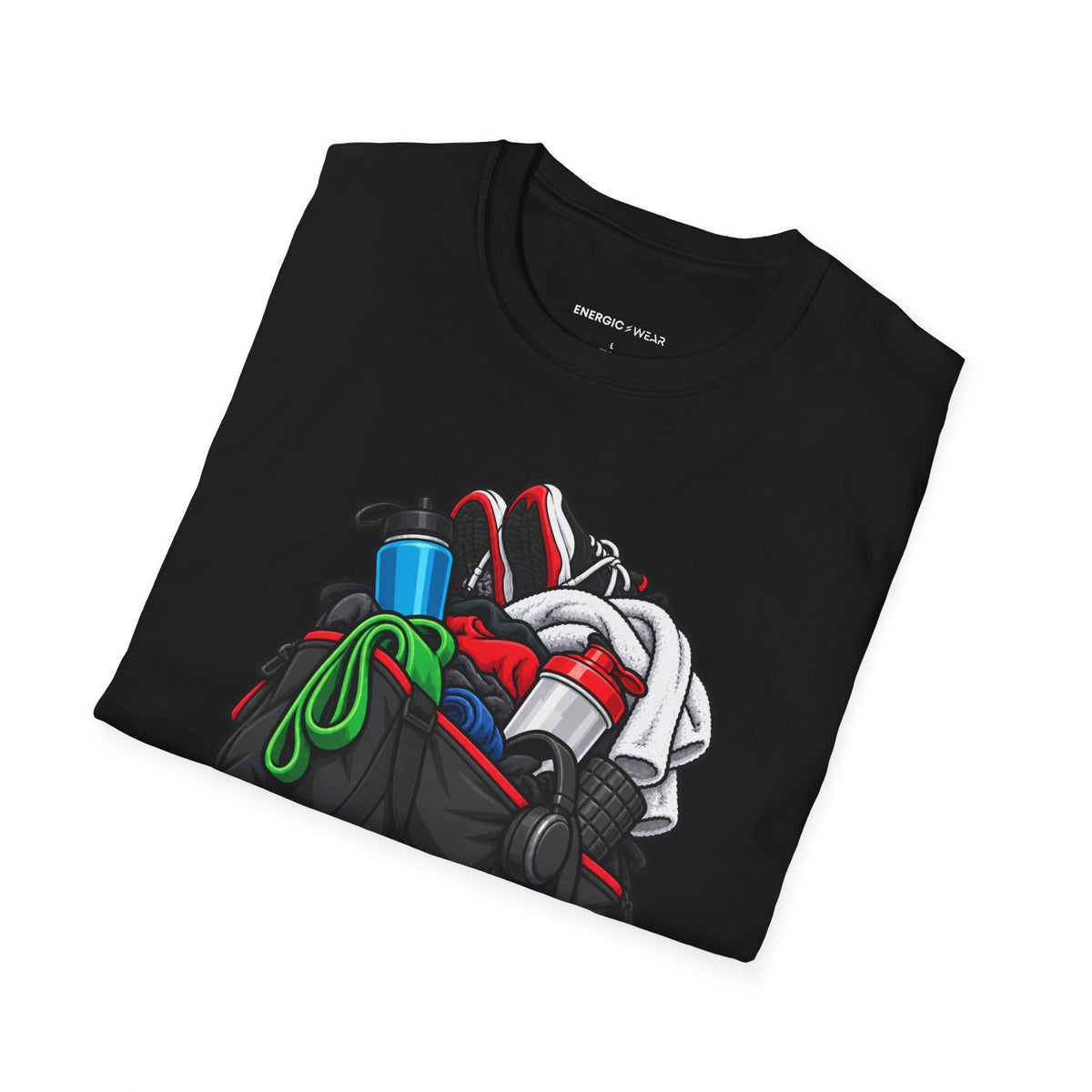 Graphic fitness T-shirt featuring the "I Need a Spotter for My Gym Bag" design.