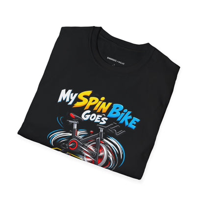 Graphic fitness T-shirt featuring the "My Spin Bike Goes Nowhere with Great Enthusiasm" design.