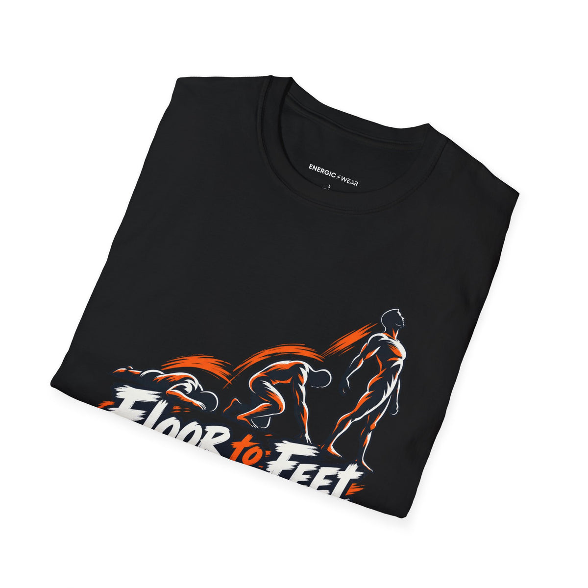 Graphic fitness T-shirt featuring the "Floor to Feet Is Progress Worth Celebrating" design.