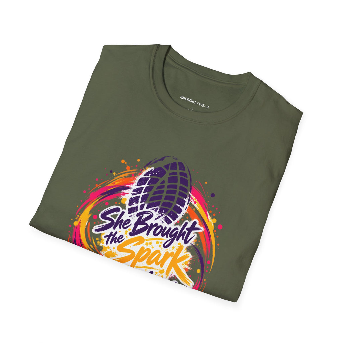 Graphic fitness T-shirt featuring the "She Brought the Spark to Class" design.