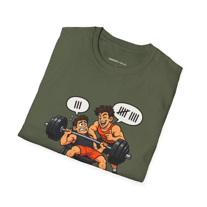 Graphic fitness T-shirt featuring the "My Gym Buddy Is a Bad Influence on My Reps" design.