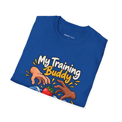 Graphic fitness T-shirt featuring the "My Training Buddy Stole the Last Strawberry" design.