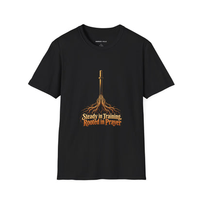 Graphic fitness T-shirt featuring the "Steady in Training, Rooted in Prayer" design.