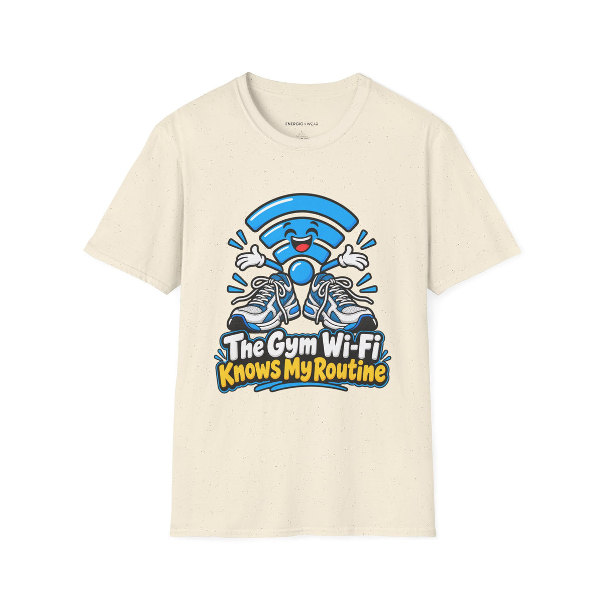 Graphic fitness T-shirt featuring the "The Gym Wi-Fi Knows My Routine" design.