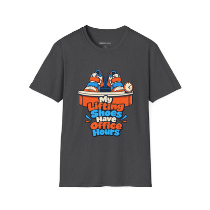Graphic fitness T-shirt featuring the "My Lifting Shoes Have Office Hours" design.