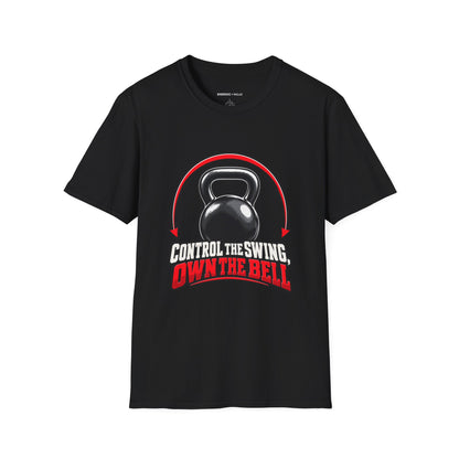 Graphic fitness T-shirt featuring the "Control the Swing Own the Bell" design.