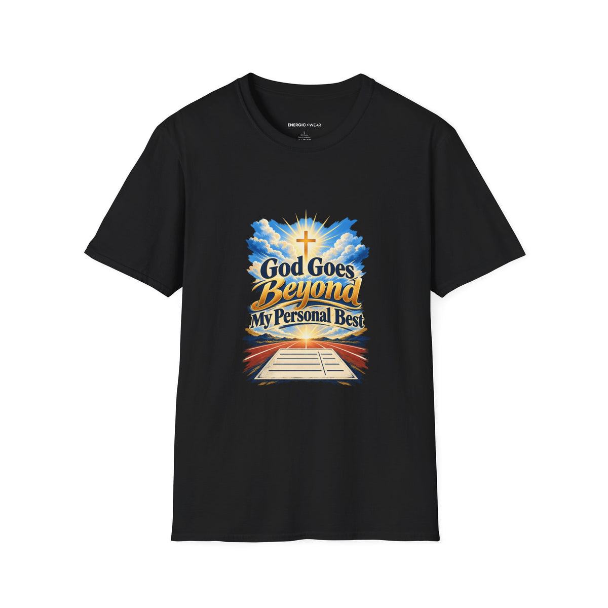 Graphic fitness T-shirt featuring the "God Goes Beyond My Personal Best" design.