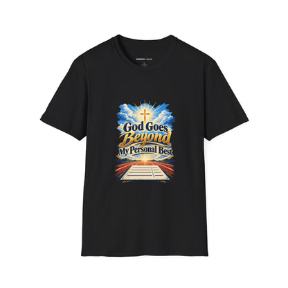 Graphic fitness T-shirt featuring the "God Goes Beyond My Personal Best" design.