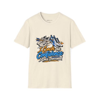 Graphic fitness T-shirt featuring the "I Coach the Confidence I Once Borrowed" design.