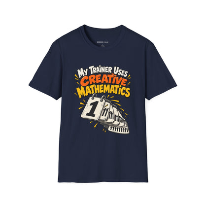 Graphic fitness T-shirt featuring the "My Trainer Uses Creative Mathematics" design.