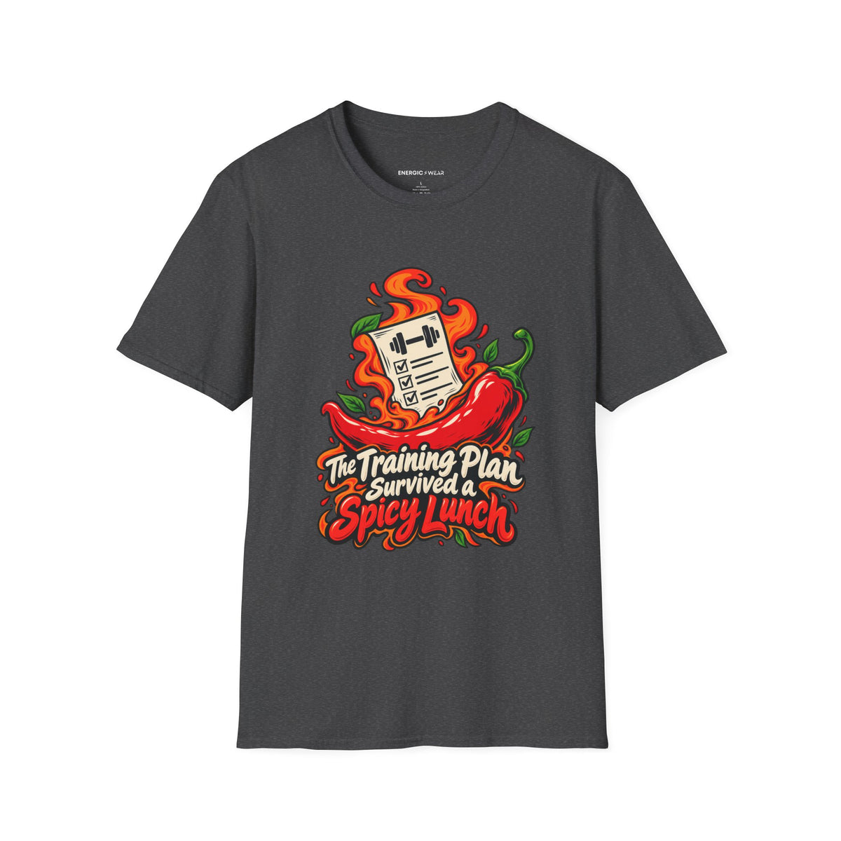 Graphic fitness T-shirt featuring the "The Training Plan Survived a Spicy Lunch" design.