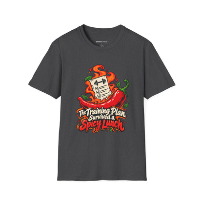 Graphic fitness T-shirt featuring the "The Training Plan Survived a Spicy Lunch" design.