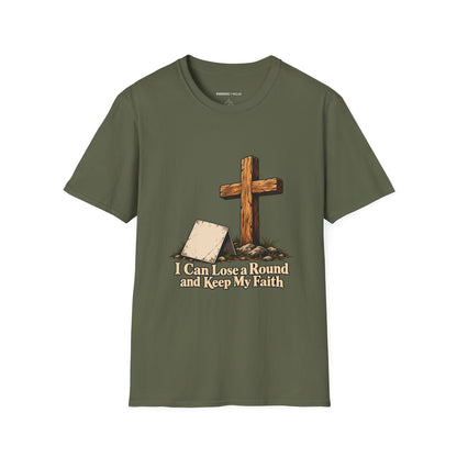 Graphic fitness T-shirt featuring the "I Can Lose a Round and Keep My Faith" design.