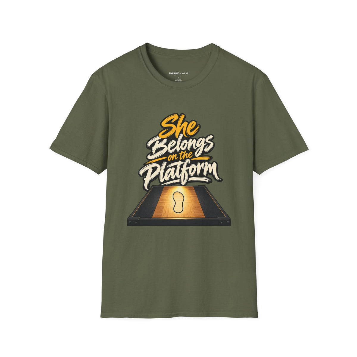 Graphic fitness T-shirt featuring the "She Belongs on the Platform" design.
