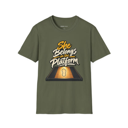 Graphic fitness T-shirt featuring the "She Belongs on the Platform" design.