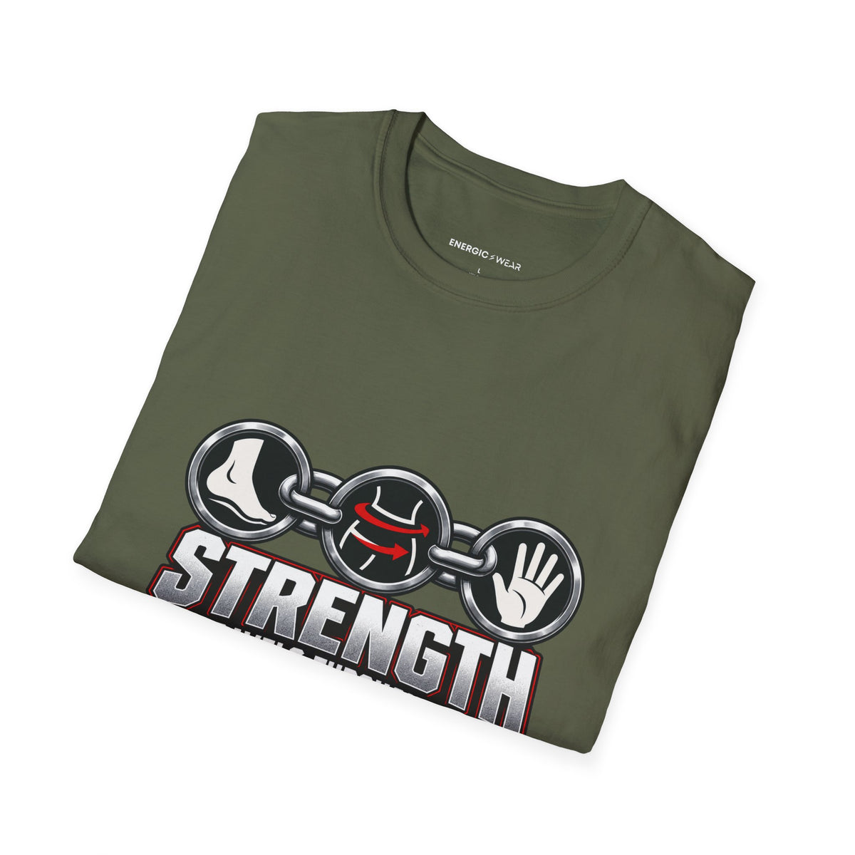 Graphic fitness T-shirt featuring the "Strength Travels Through the Whole Chain" design.