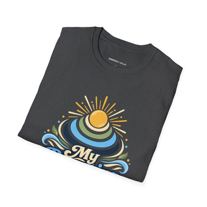 Graphic fitness T-shirt featuring the "My Breathing Sets the Tempo" design.