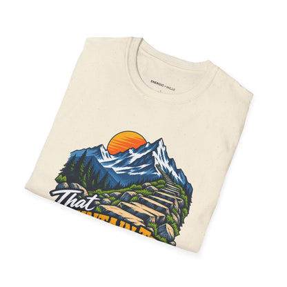 Graphic fitness T-shirt featuring the "That Mountain Trip Has My Training Attention" design.