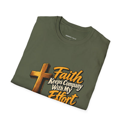 Graphic fitness T-shirt featuring the "Faith Keeps Company with My Effort" design.