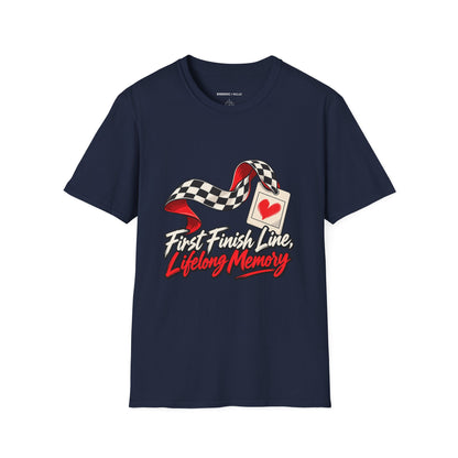 Graphic fitness T-shirt featuring the "First Finish Line Lifelong Memory" design.