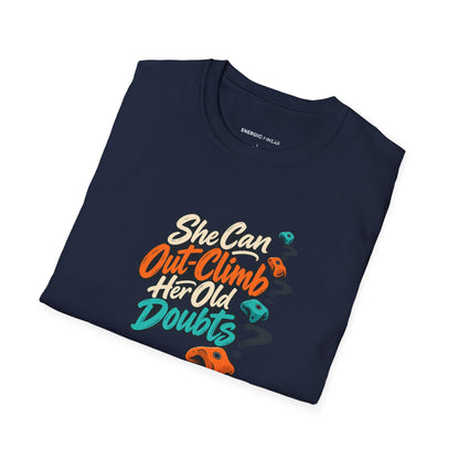 Graphic fitness T-shirt featuring the "She Can Out-Climb Her Old Doubts" design.