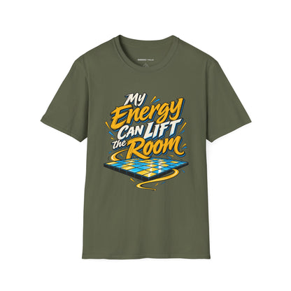 Graphic fitness T-shirt featuring the "My Energy Can Lift the Room" design.